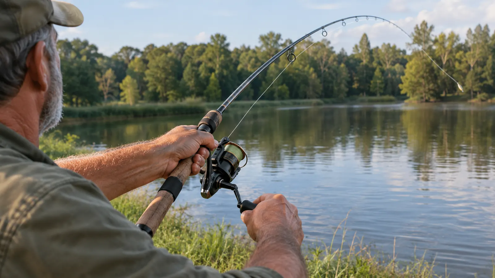 Angler casting a spinning combo from a grassy bank toward open water