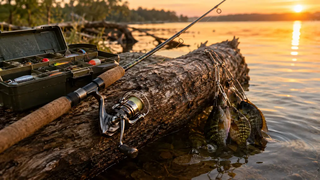 Spinning combo resting on a fallen log beside a tackle box at the end of the day