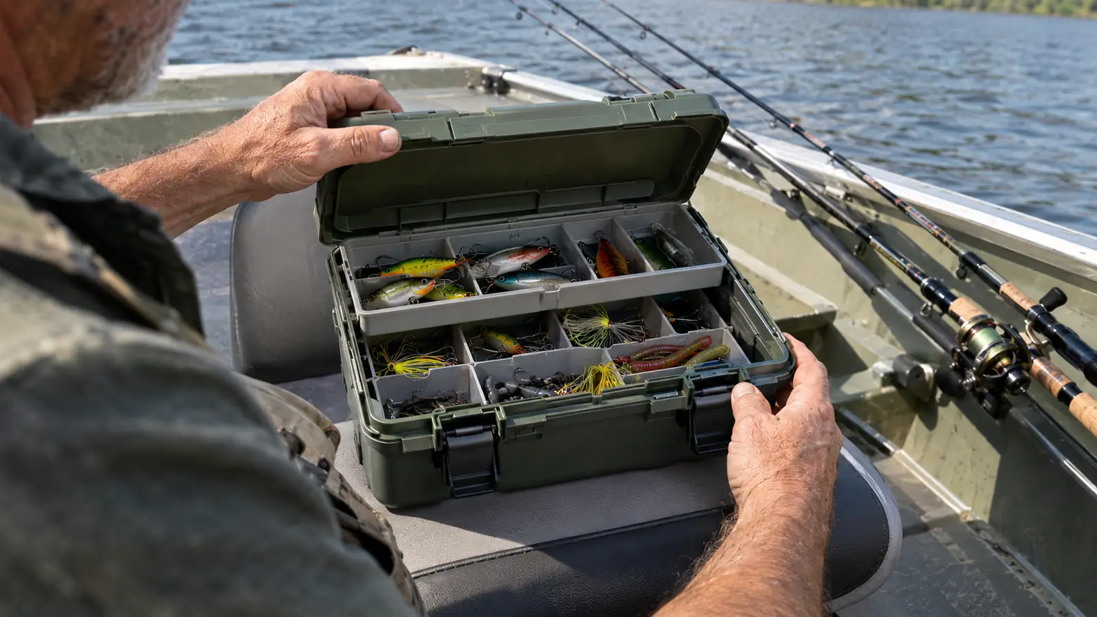Hands opening a tackle box on a boat seat, divided lure trays visible