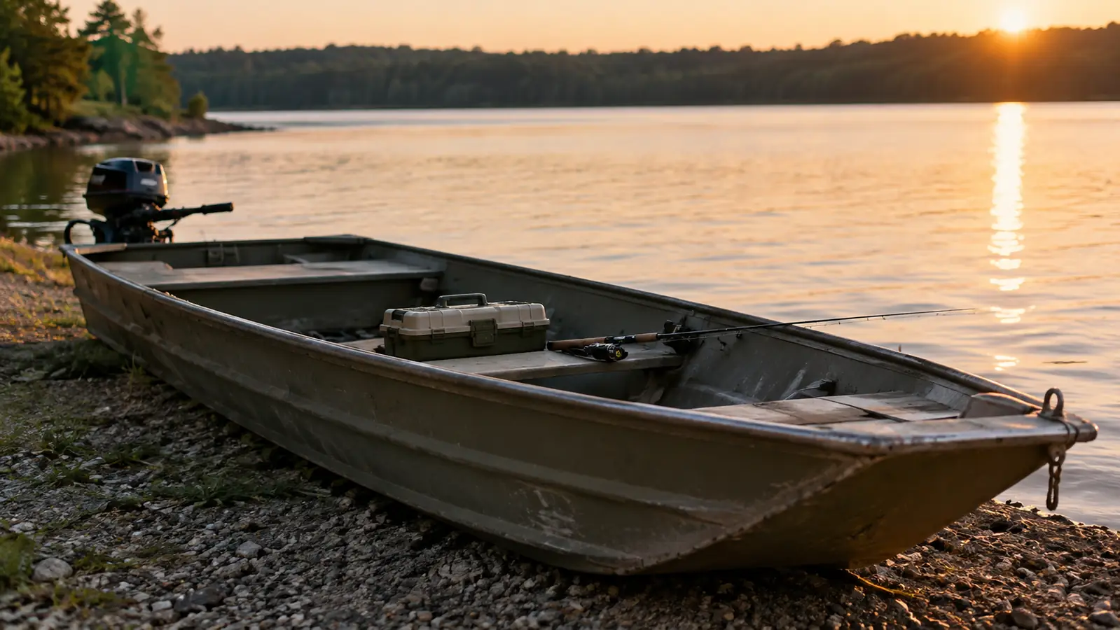 Small aluminum jon boat pulled up on a gravel bank with a tackle box and rod