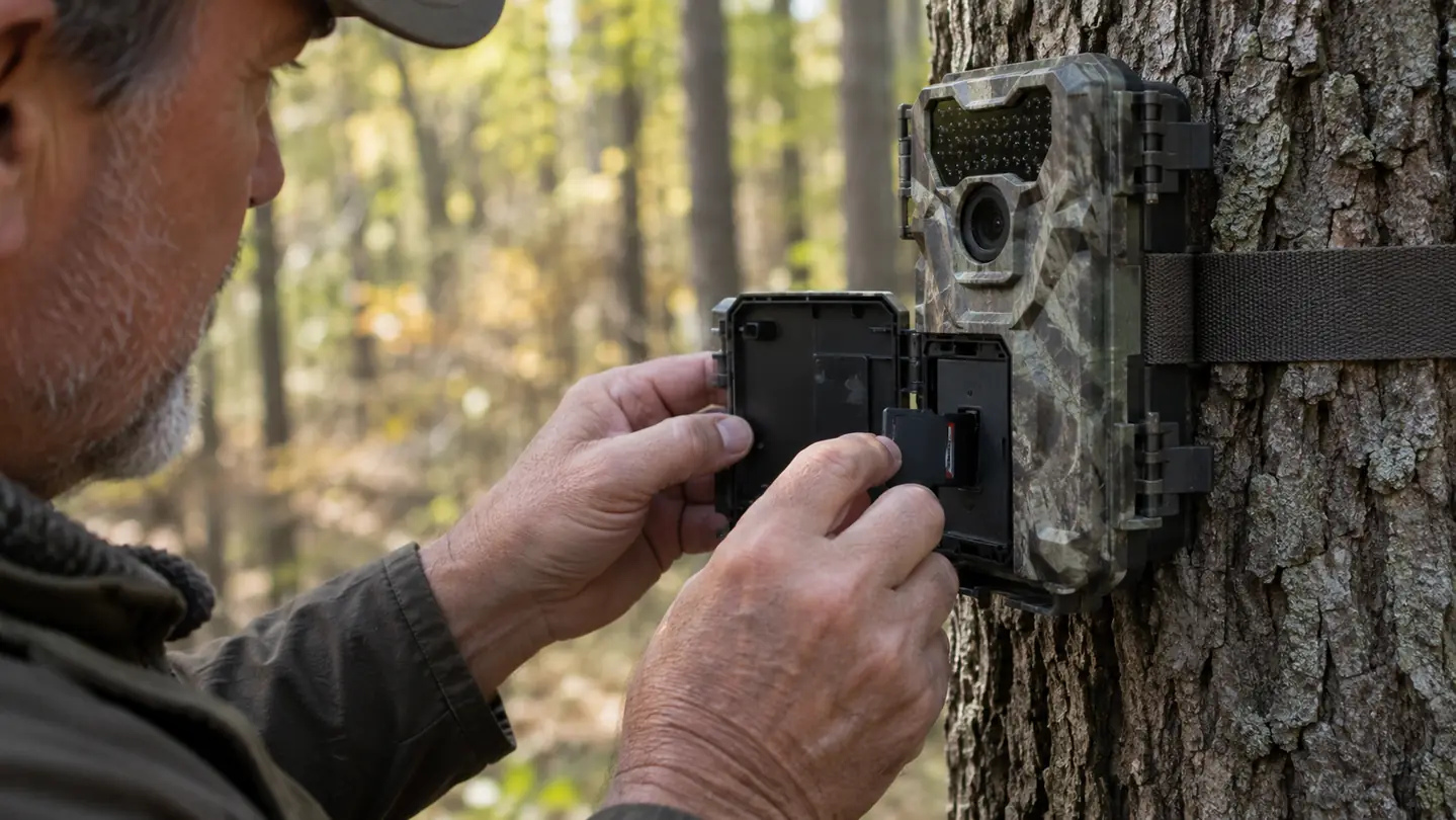 A person's hand opening a trail camera mounted on a tree to swap the memory card