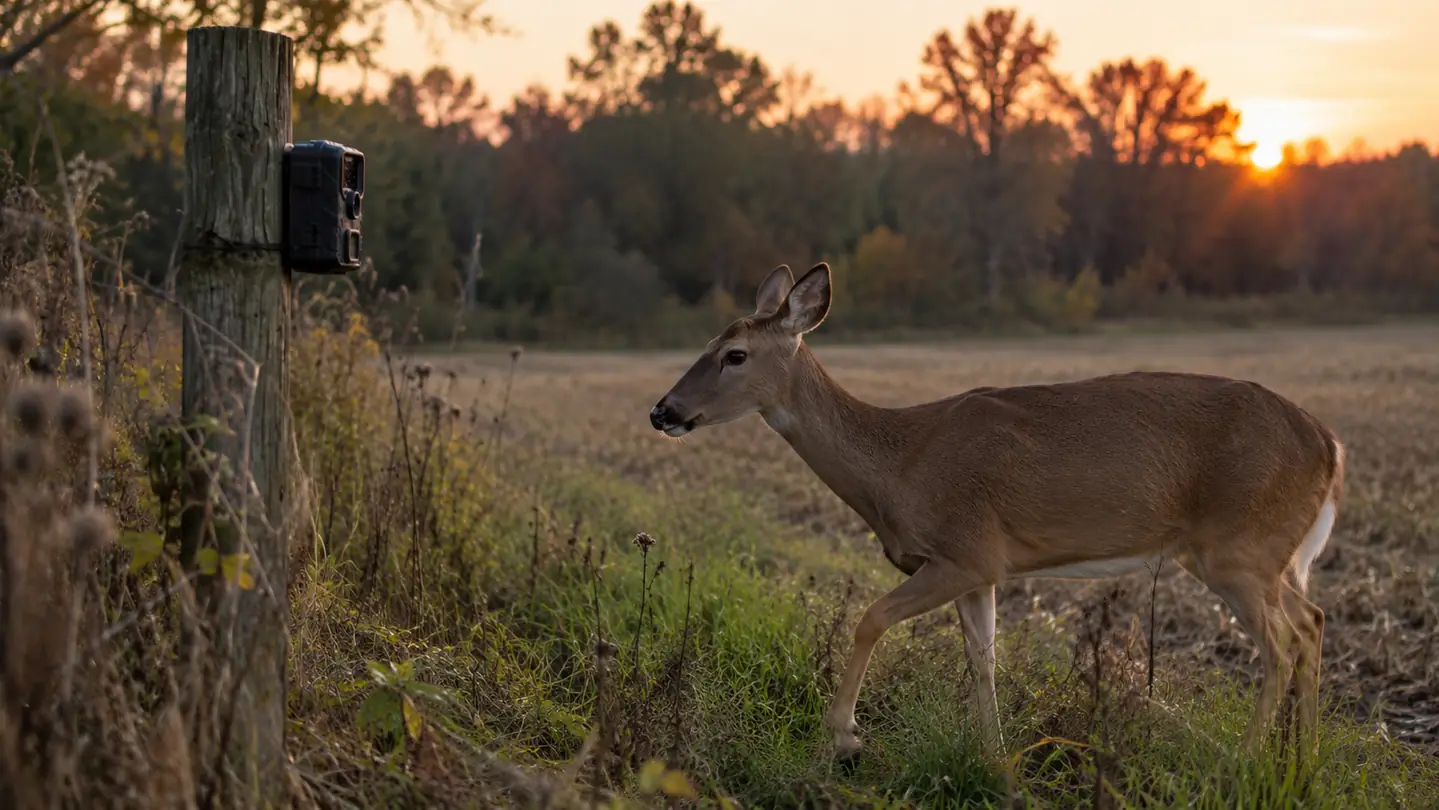 A whitetail deer walking along a field edge at dusk past a trail camera mounted on a fence post