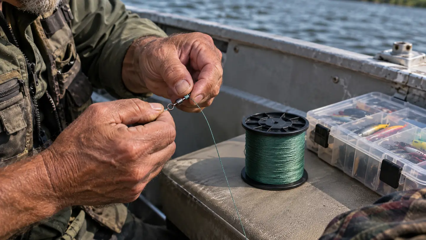 Angler's hands tying braided line to a swivel beside a tackle box