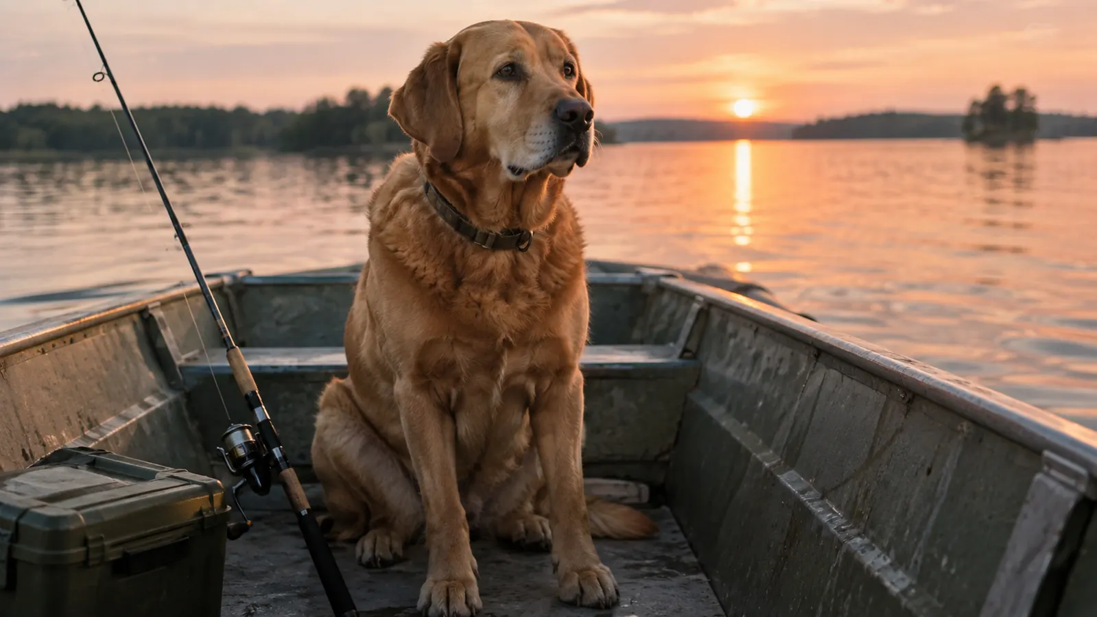 Large dog sitting calmly on the floor of a small aluminum boat near a fishing rod