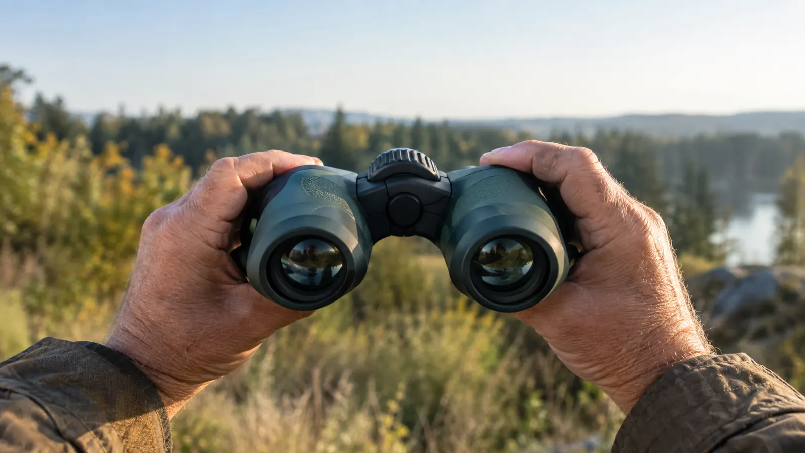 Close view of hands raising a pair of binoculars toward a distant tree line on a bright morning.