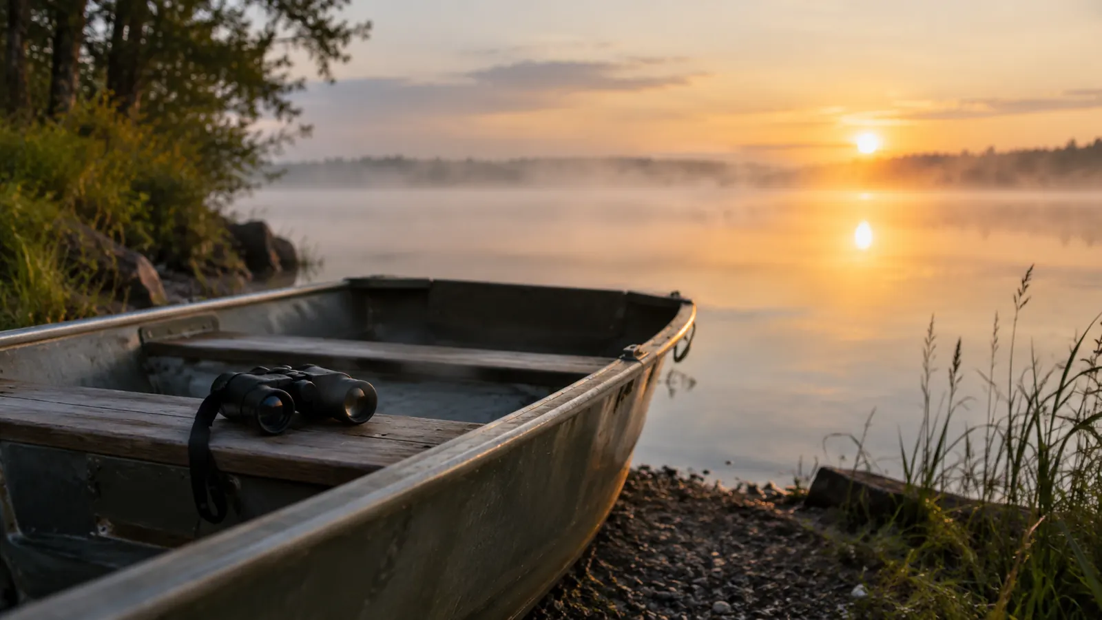 A misty lake at sunrise seen from a bank fishing spot, with a small aluminum jon boat pulled up on the gravel and a pair of binoculars resting on the seat.