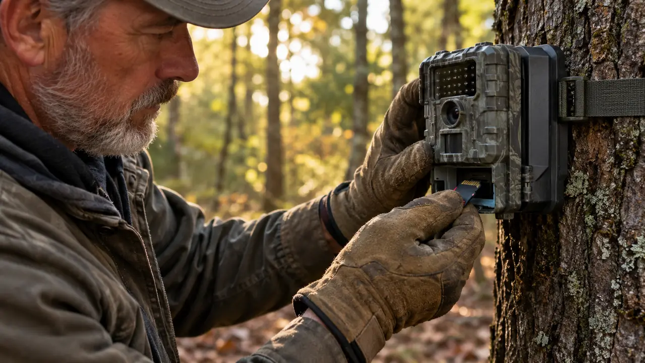 A hand in a work glove sliding an SD card into the trail camera mounted on a tree at chest height.