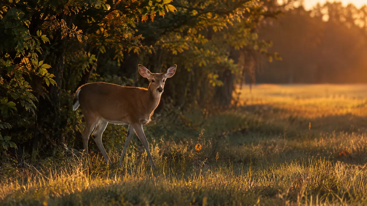 A doe stepping out of a treeline into a field at dusk.