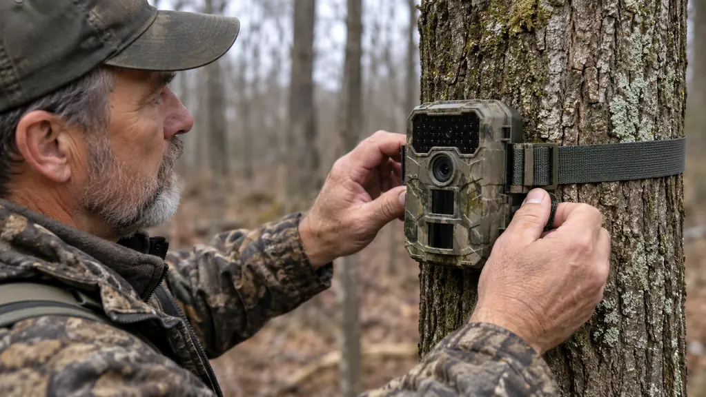 Hands securing a trail camera to a tree trunk with a strap