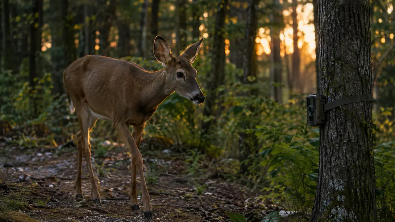 A deer walking past a tree where a trail camera is mounted