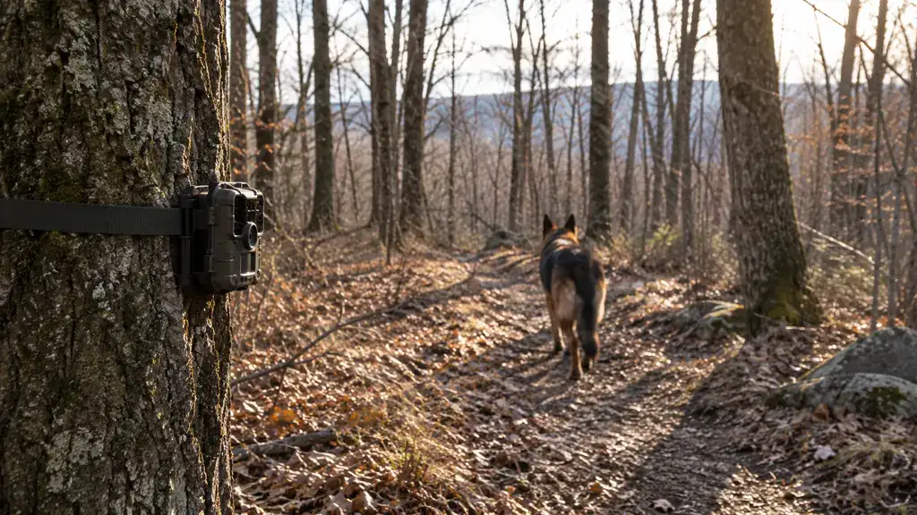Trail camera strapped low on a tree above a dirt game trail in late afternoon light, with a large dog walking the trail ahead