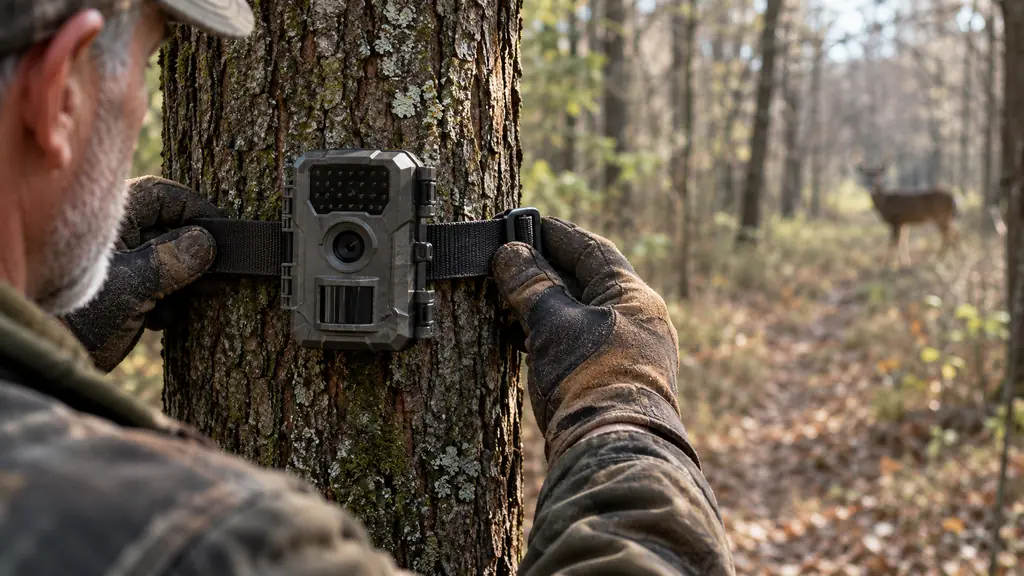Hands in a work glove tightening the strap on a trail camera mounted to a tree.