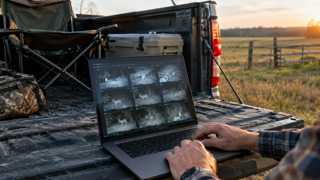 A person reviewing trail camera photos on a laptop at the tailgate of a pickup truck in late afternoon light.