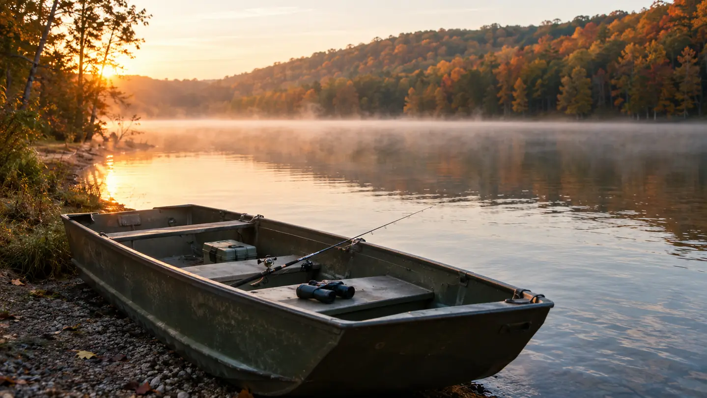 A hunter and angler at the edge of a quiet lake at dawn, a small aluminum jon boat pulled up on the bank beside a fishing rod and a pair of binoculars
