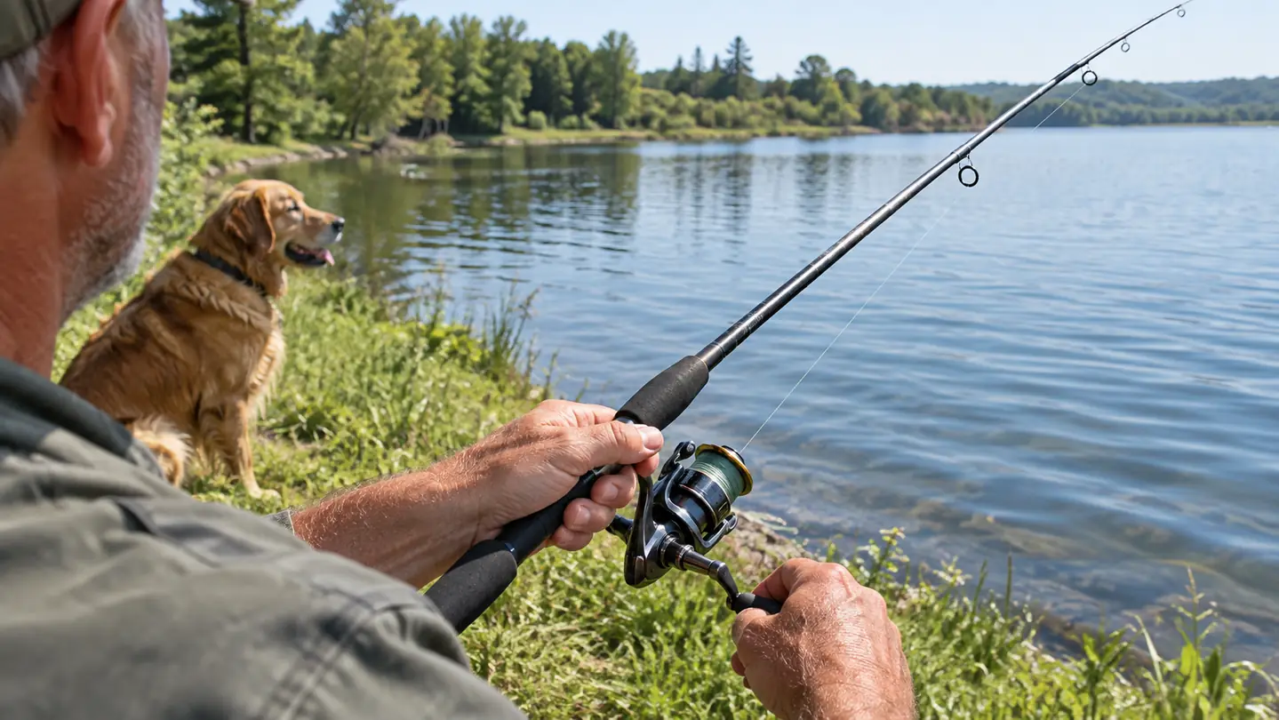 Angler casting a spinning combo from a grassy bank while a large dog watches