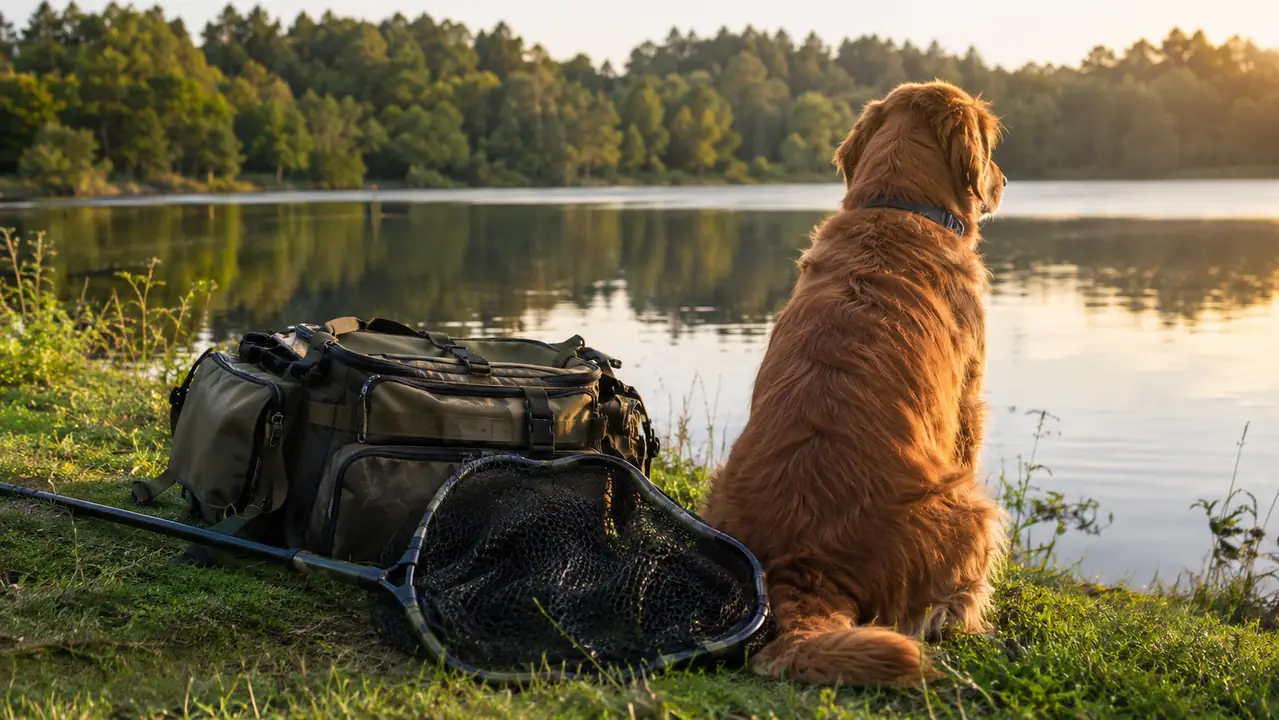 Tackle bag, landing net and a large dog sitting on the bank of a lake in late afternoon