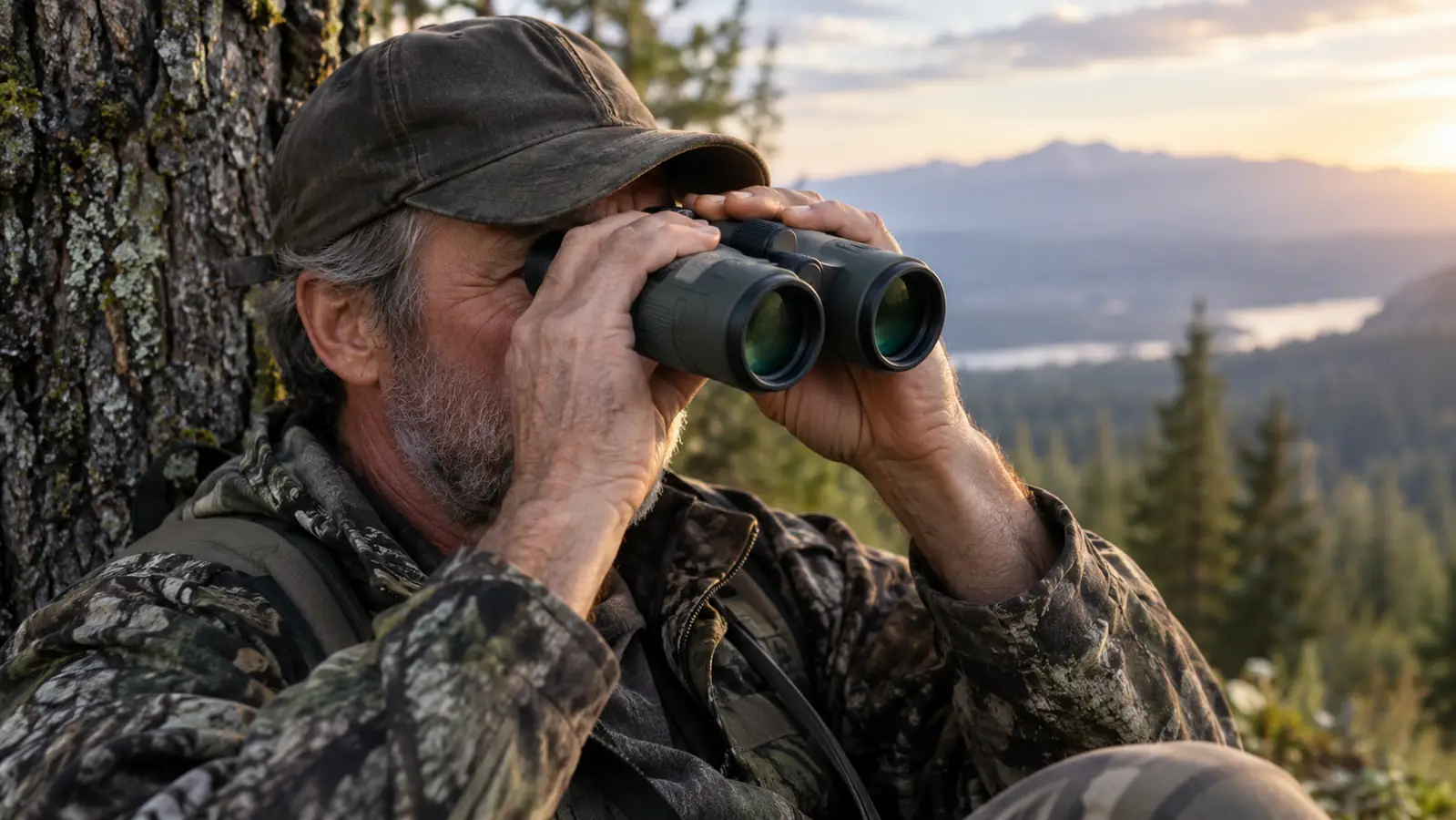 Close view of hands holding binoculars while a hunter sits against a tree and looks across a ridge