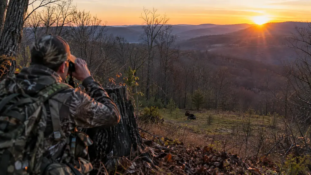 Wide view of a ridge line in early spring with a turkey feeding in a small clearing and a hunter glassing from a stump in the foreground