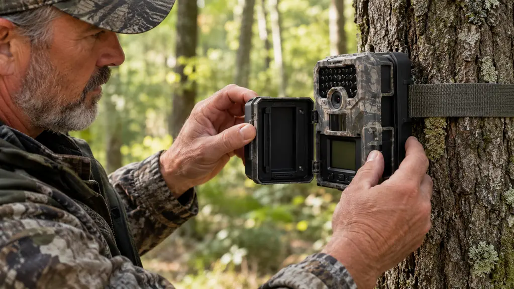 a hand checking a trail camera on a tree at deer chest height