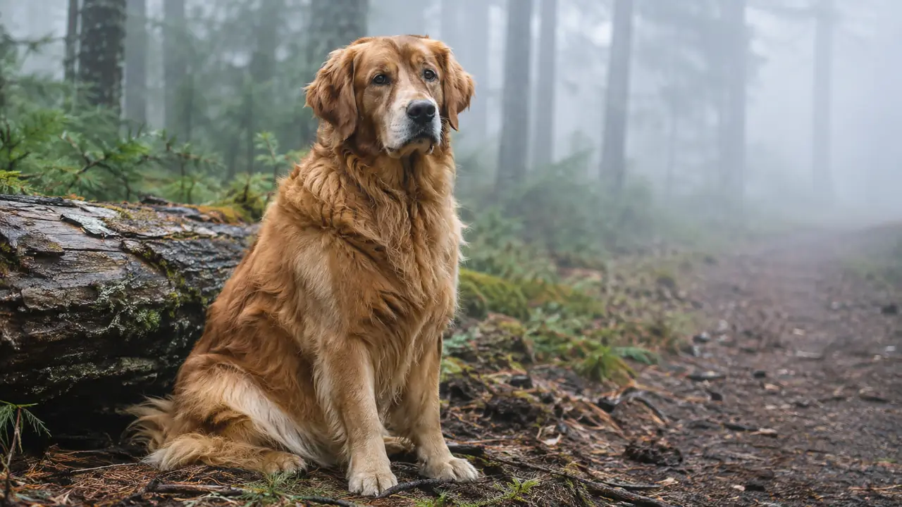 a large dog sitting beside a fallen log in morning fog