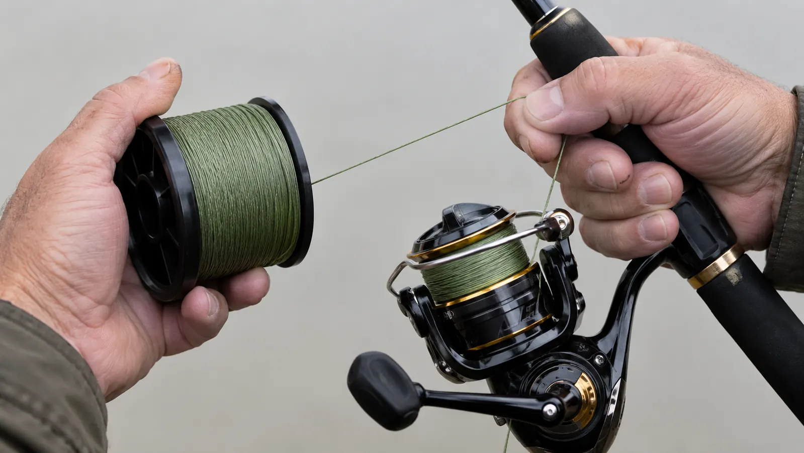A hand holding a spool of braided fishing line while winding it onto a spinning reel with steady tension
