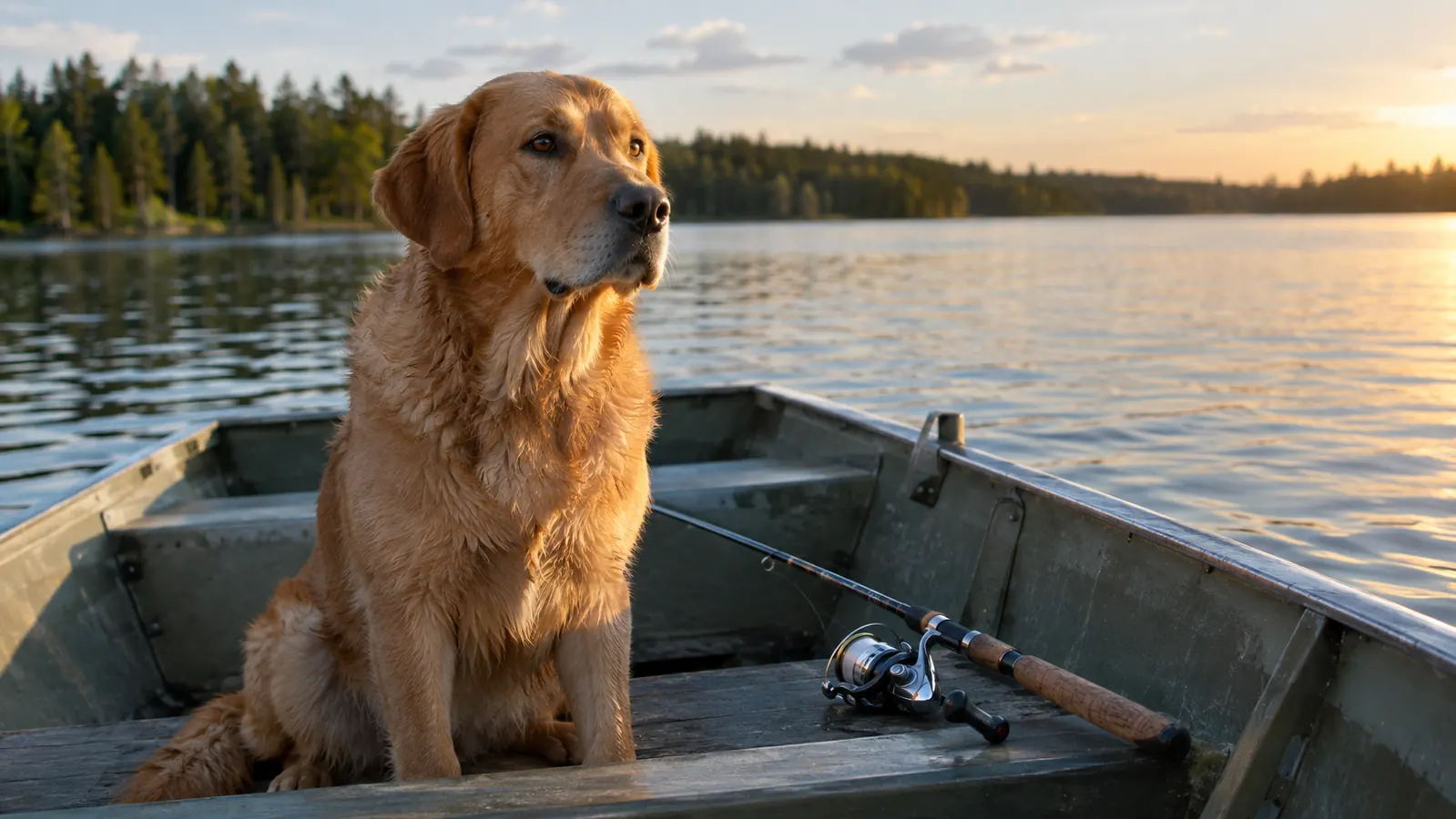 A large dog sitting calmly in a small aluminum fishing boat with a fishing rod resting on the seat