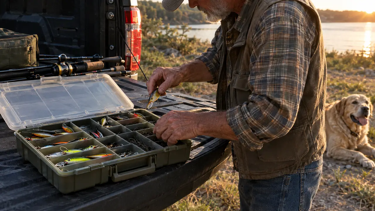 Hands sorting fishing lures into the trays of a tackle box on a pickup tailgate.