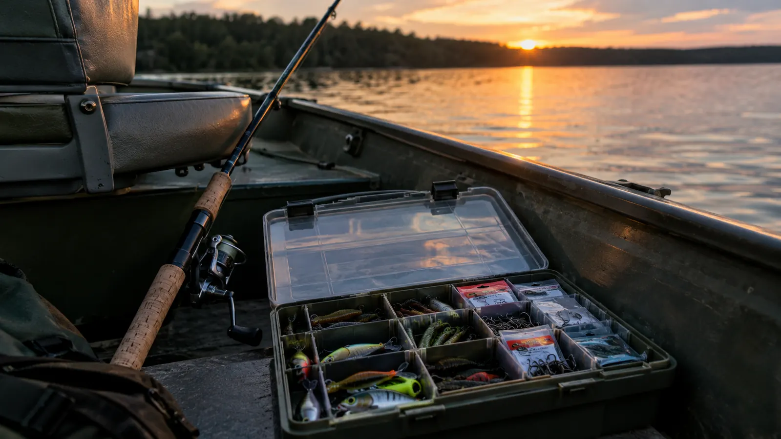 Organized tackle box with lures in separate compartments on the floor of a jon boat.