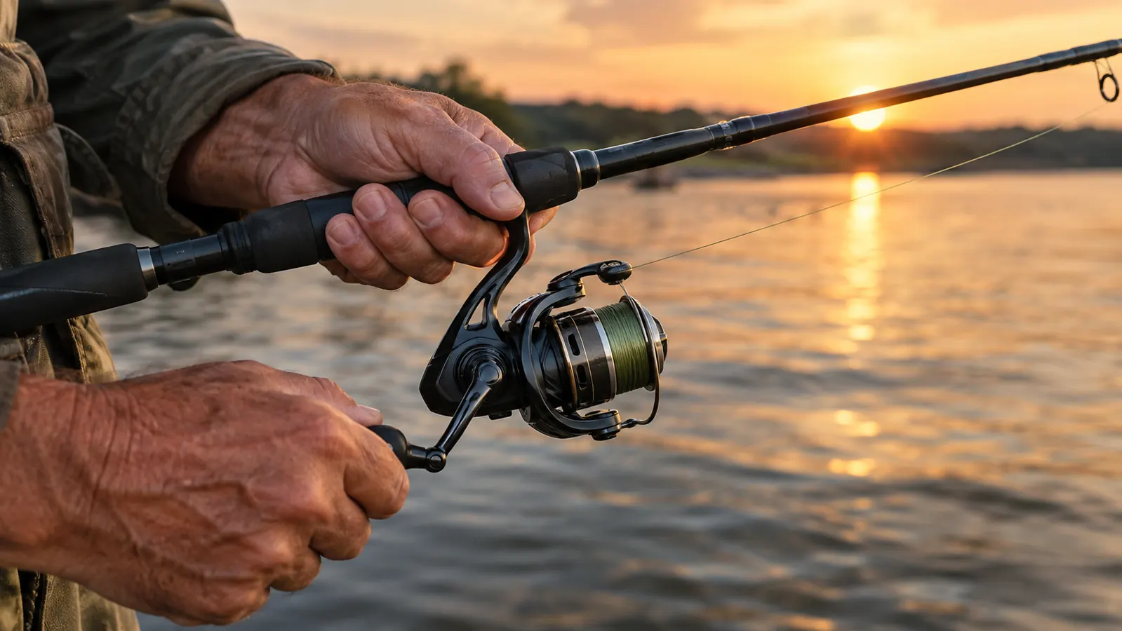 Close view of an angler's hands working the reel on a KastKing Centron rod and reel combo held low over the water.
