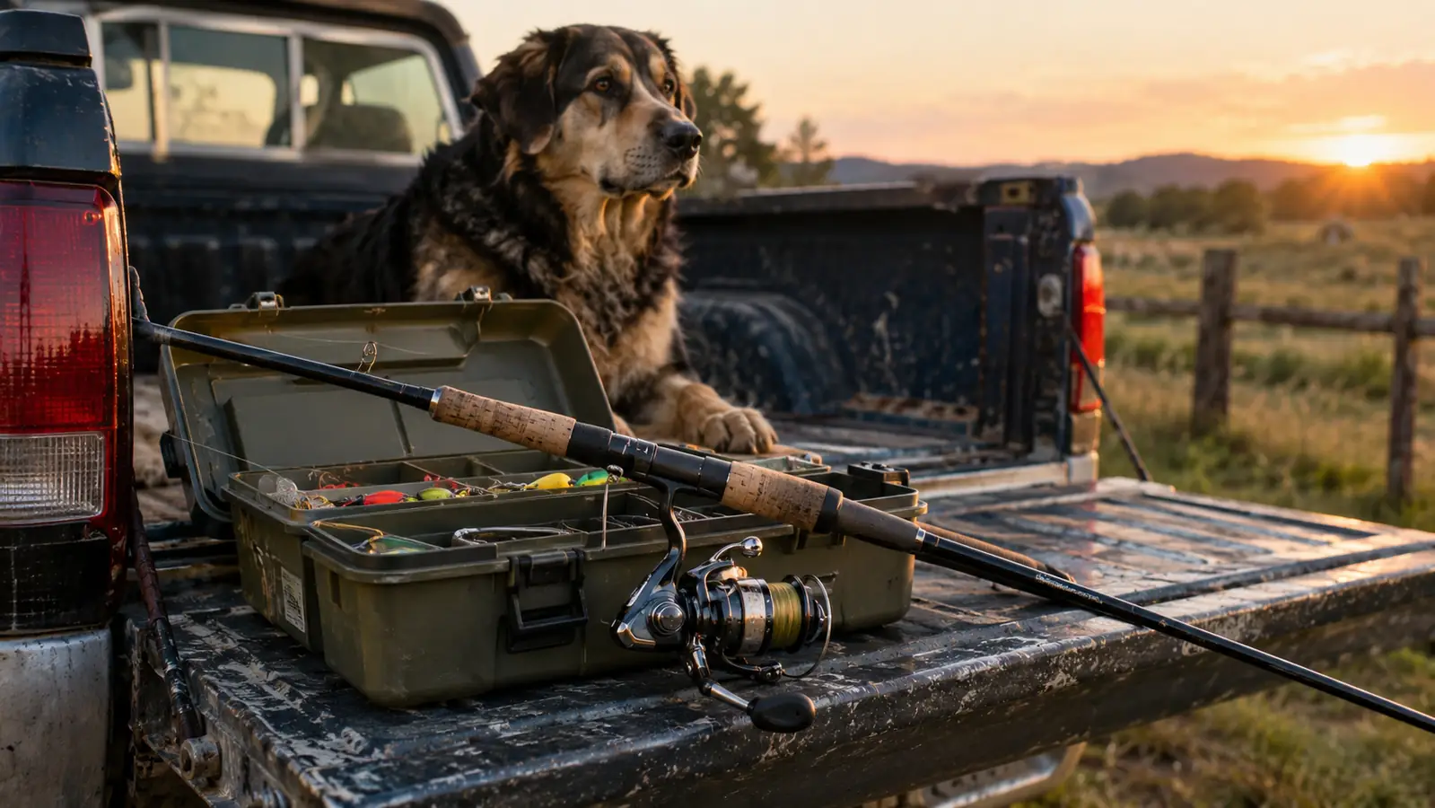 A fishing rod and reel combo resting on an open tackle box on a pickup truck tailgate while a large dog watches from the truck bed.