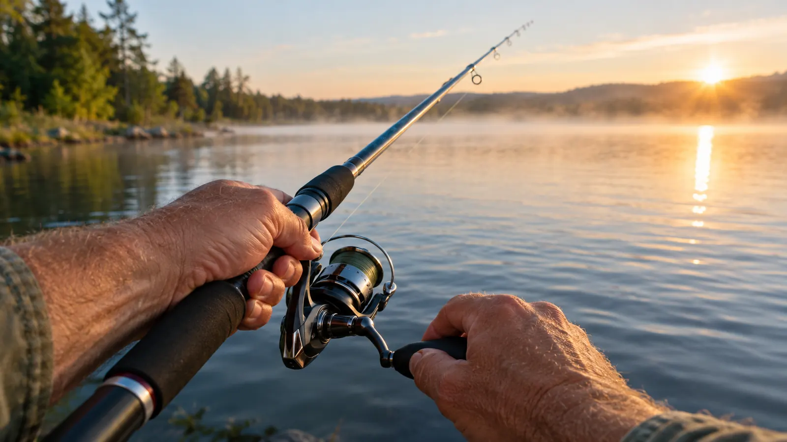 Close view of an angler's hands working the reel handle of a spinning rod and reel combo, rod tip over the water