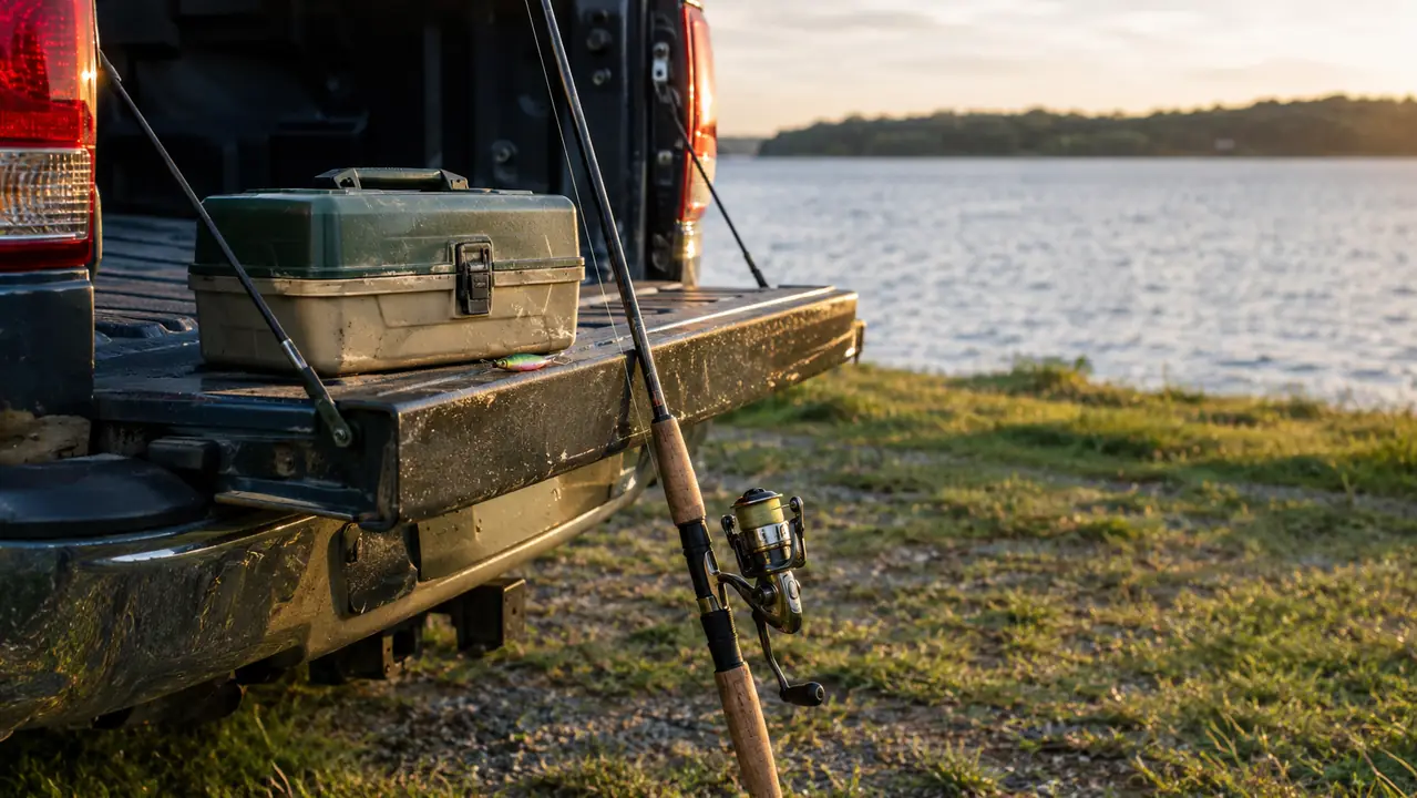 A spinning rod and reel combo leaning against the open tailgate of an older pickup truck beside a tackle box, lake in the background