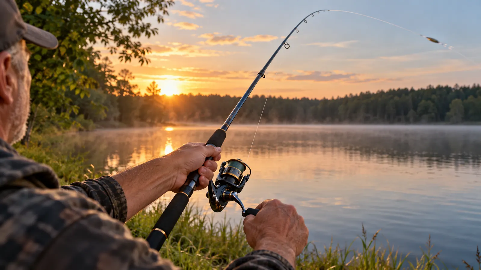 A hand casting a spinning rod and reel combo from a grassy bank, fishing line arcing over calm lake water