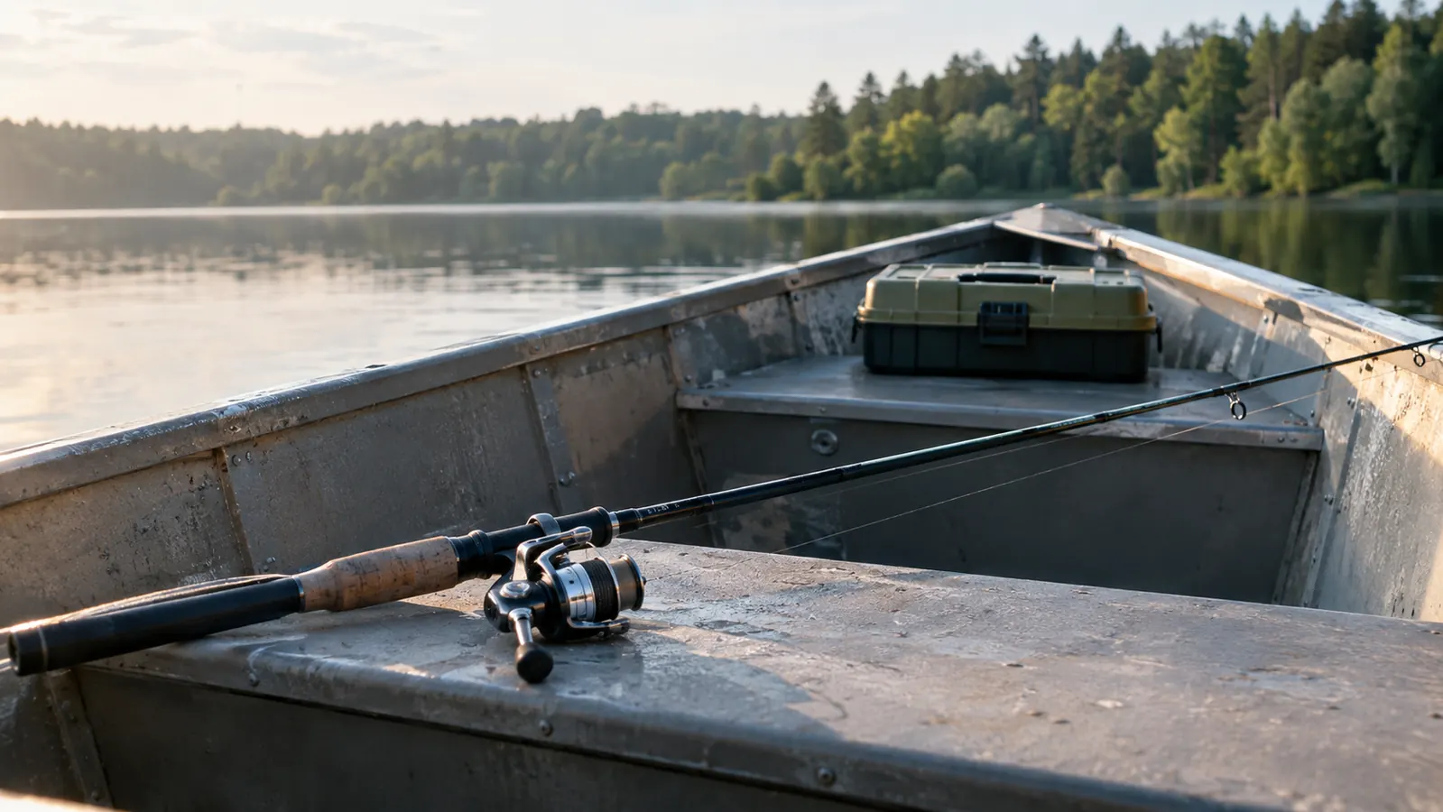 A rod and reel combo lying across the bench seat of a small aluminum jon boat with a tackle box at the bow
