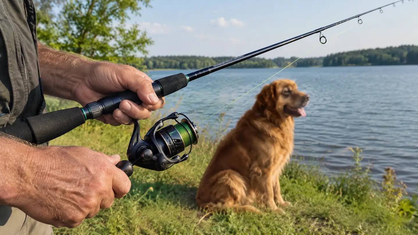 hand holding a rod and reel combo while the line runs through the guides, a large dog sitting on the bank