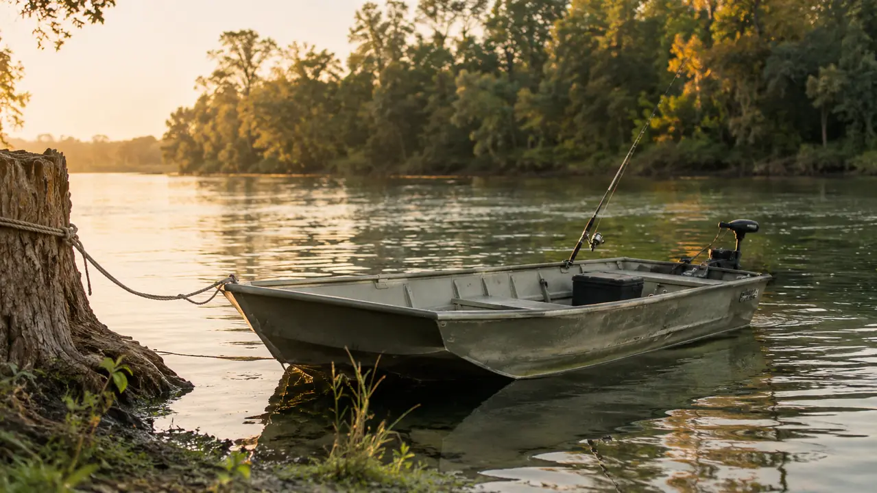 weathered aluminum jon boat tied to a stump with a fishing rod in a holder