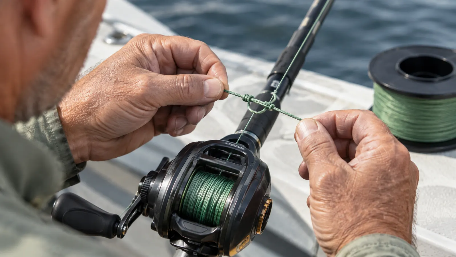 Close-up of a hand tying a knot in braided fishing line over a baitcasting reel on a boat deck