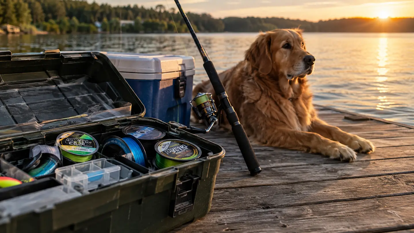Open tackle box on a wooden dock with spools of braided line, a fishing rod leaning nearby, and a large dog resting on the dock in late afternoon light