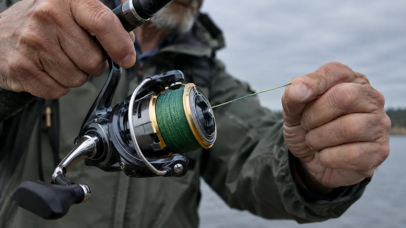 Close view of a reel spooled with braided line, angler's thumb pinching the line while casting
