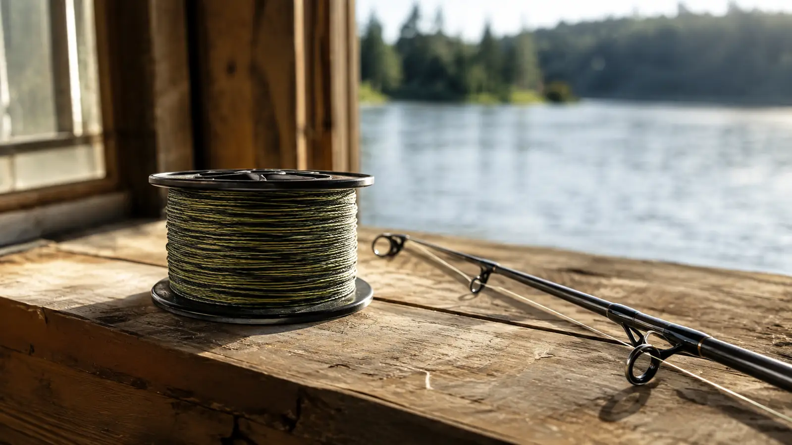 Spool of braided line on a workbench beside a rod tip, lake visible through a window