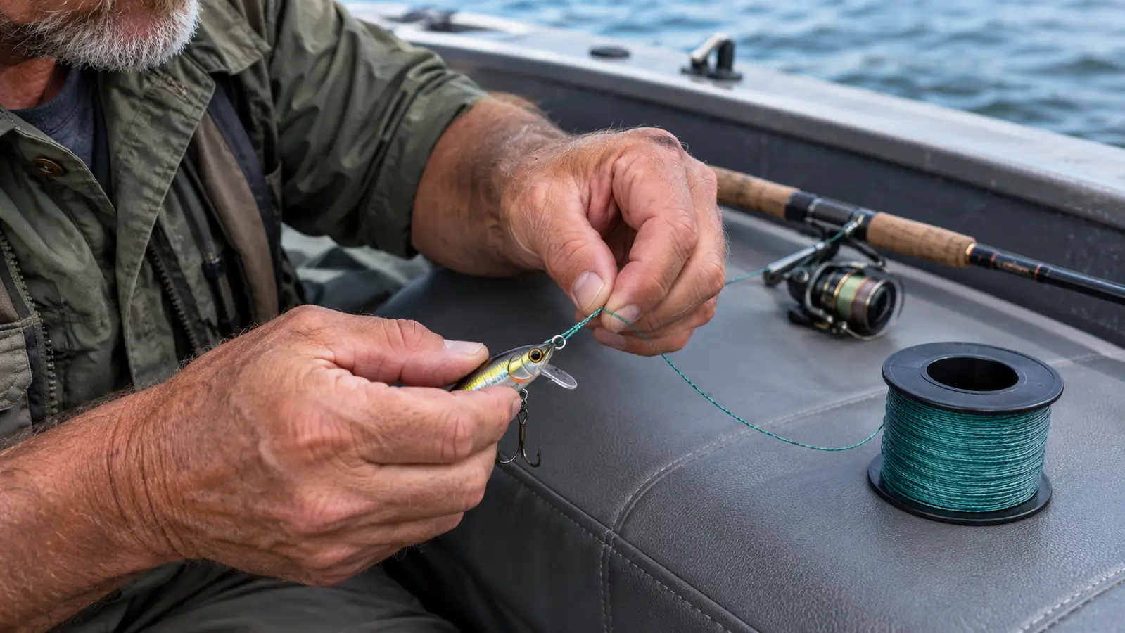 Angler's hands tying a knot in braided line over a tackle box