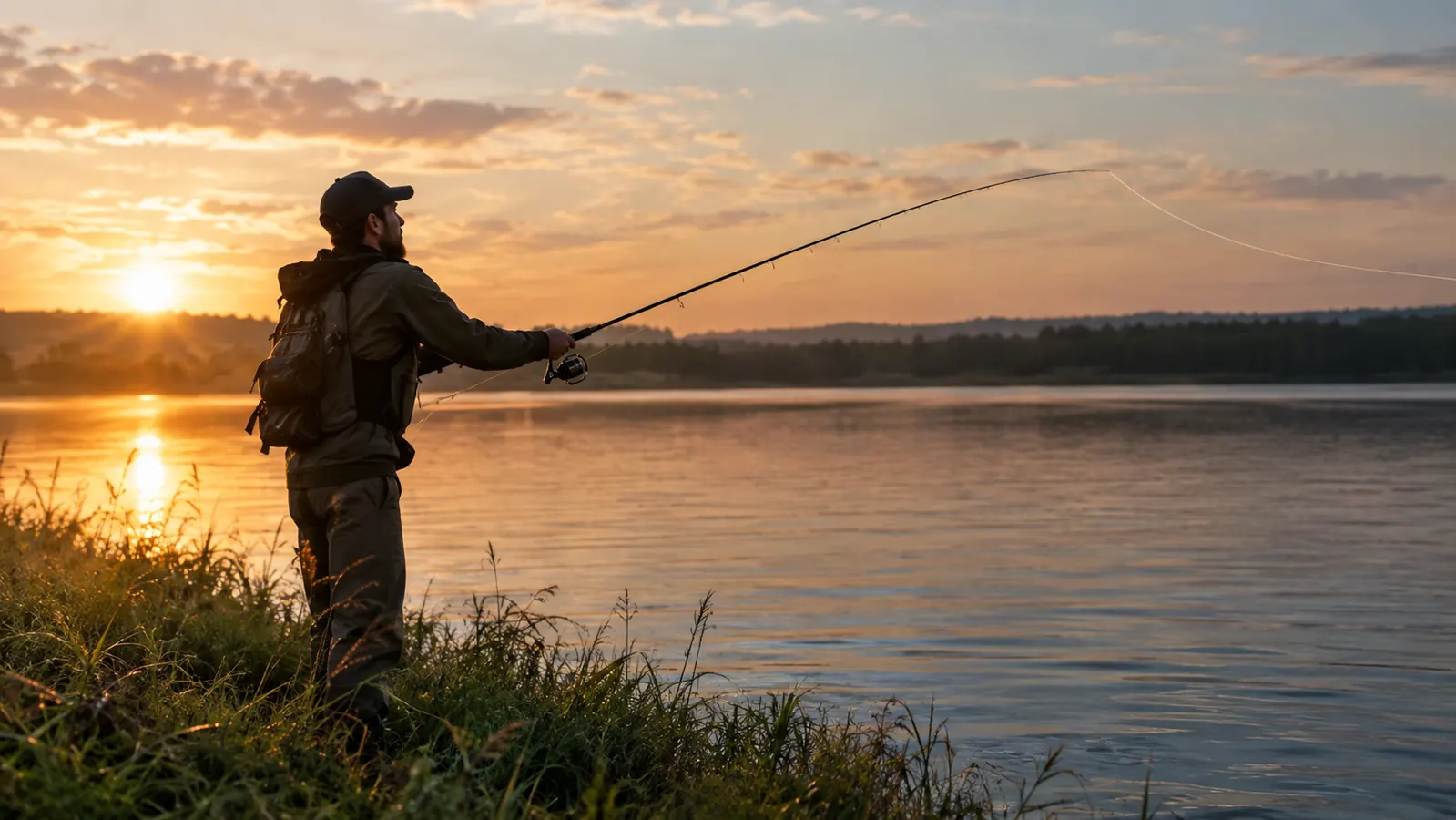Angler casting from a grassy bank with line arcing over the water at sunrise