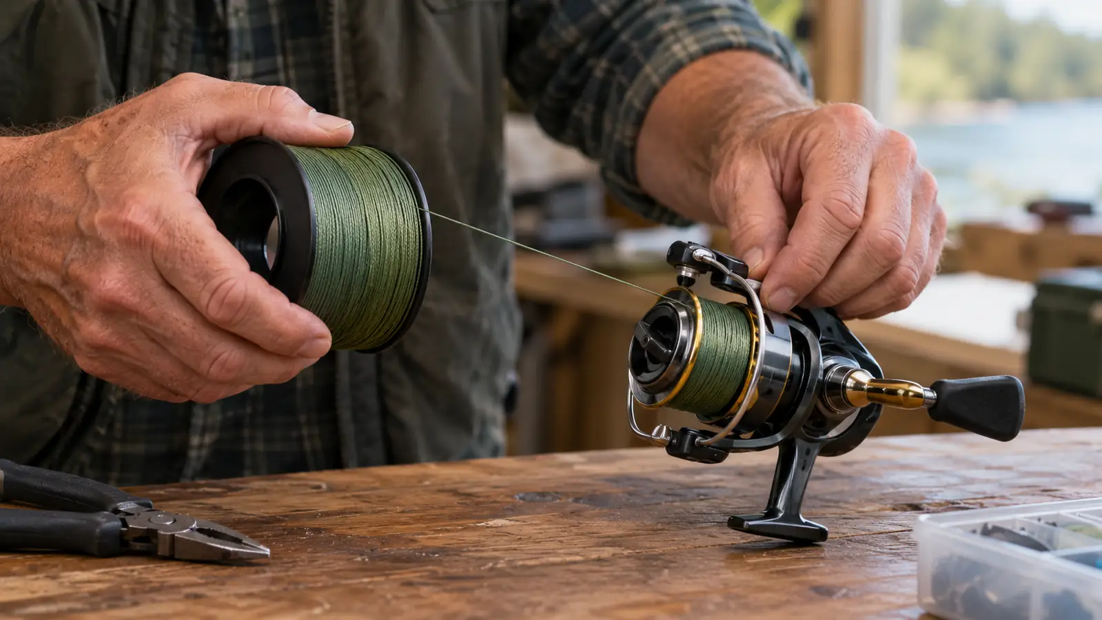 Hands guiding braided line from a spool onto a spinning reel at a wooden workbench