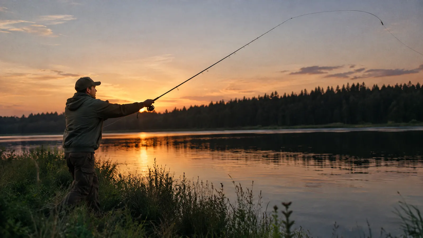 Angler casting from a grassy lake bank at dusk, line arcing out over calm water