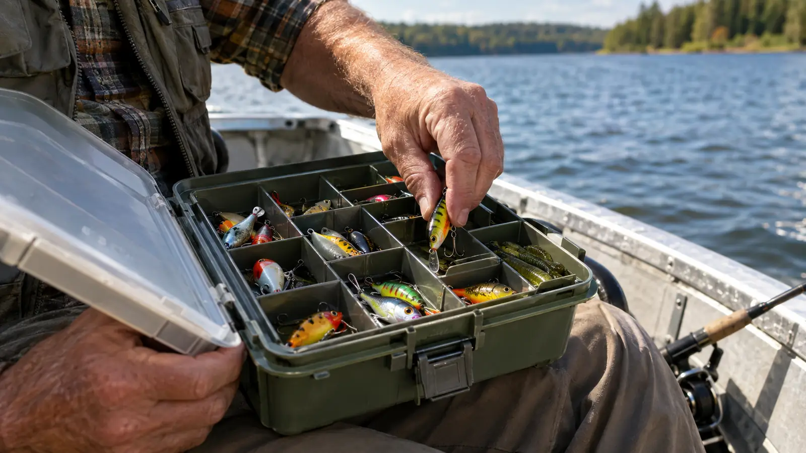 A hand reaching into an open tackle box to choose a lure while fishing from a small boat