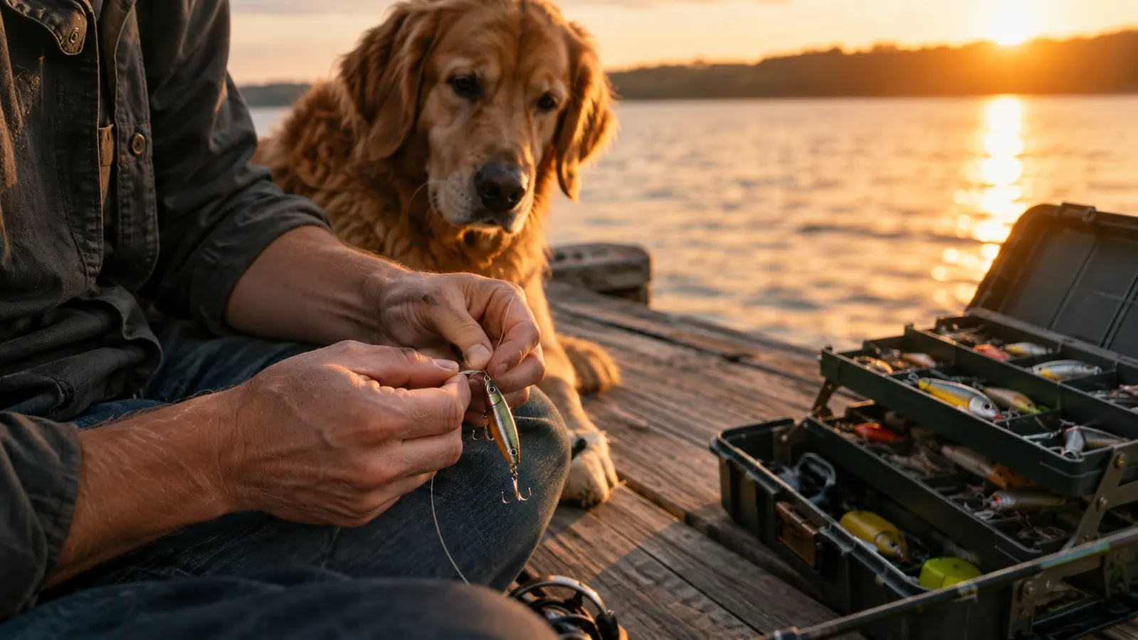 A fishing line being tied to a lure on a dock at golden hour with an open tackle box nearby and a large dog sitting beside it