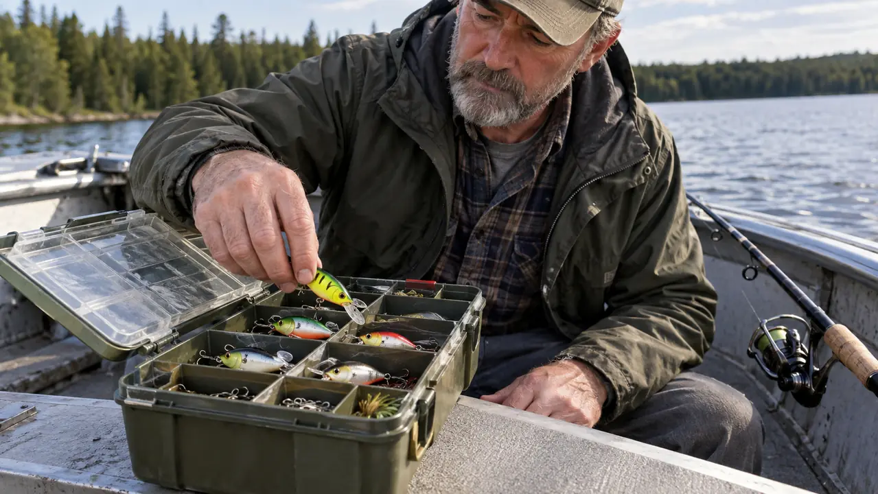 A hand picking a crankbait out of an open tackle box on the bench of a small fishing boat