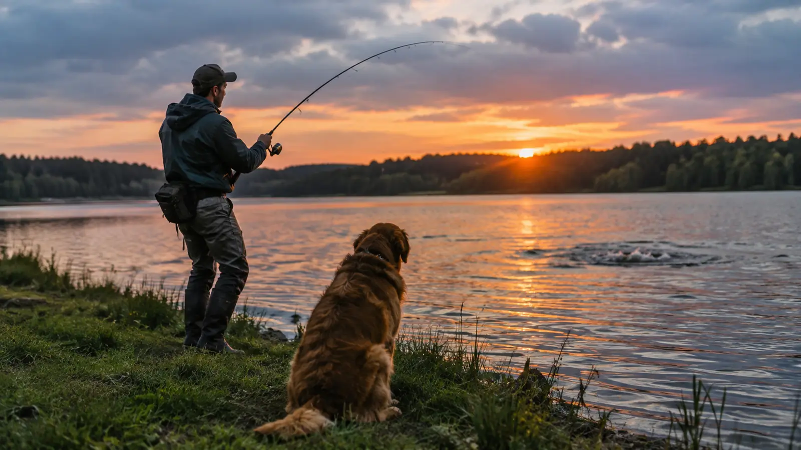 An angler casting from a grassy bank at dusk while a large dog sits on the shore nearby