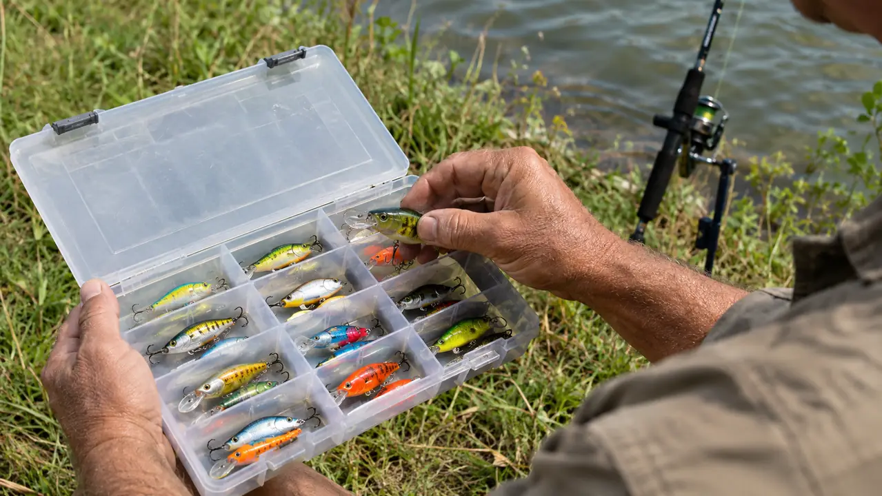 Hand selecting a crankbait from an open tackle box on a grassy bank