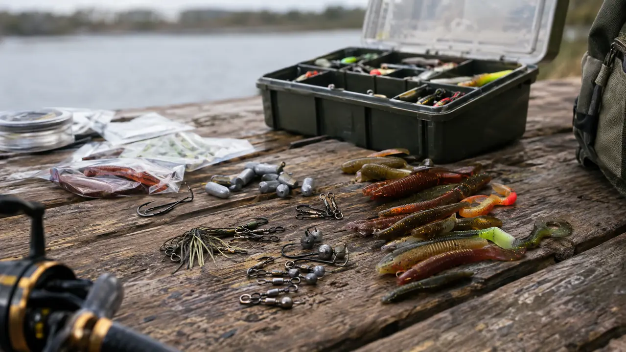 Hooks, weights, swivels, and soft plastic baits laid out on a wooden table beside an open tackle box